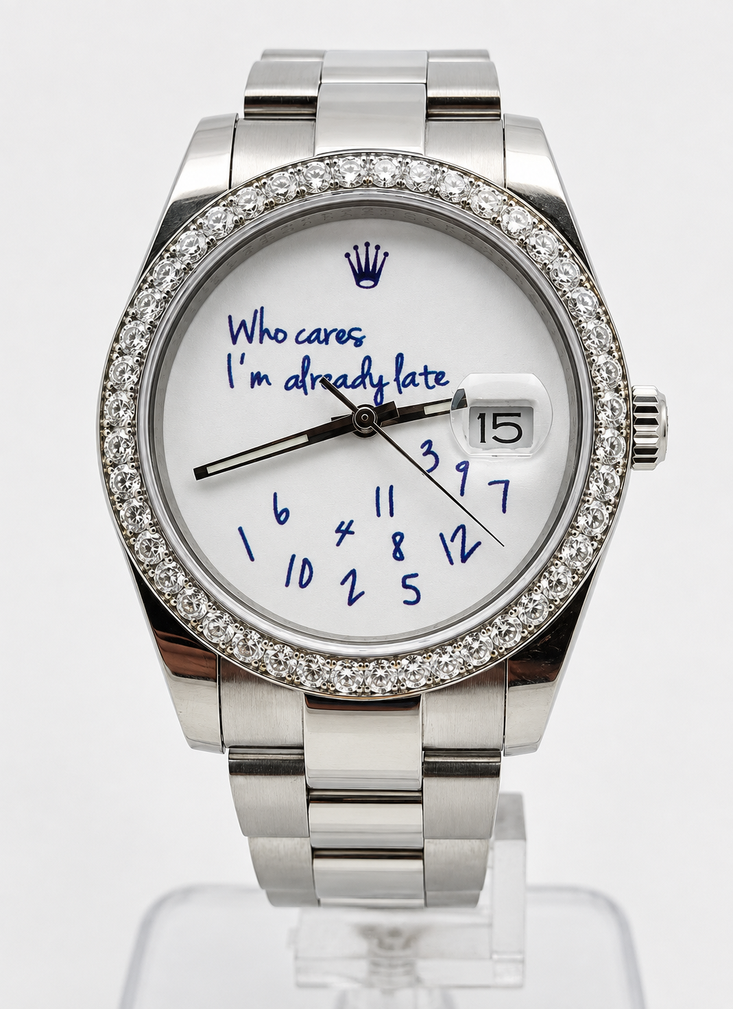 Datejust Style — "Who Cares I'm Already Late" / White Novelty Dial / Diamond Bezel / Full Steel / Oyster Bracelet