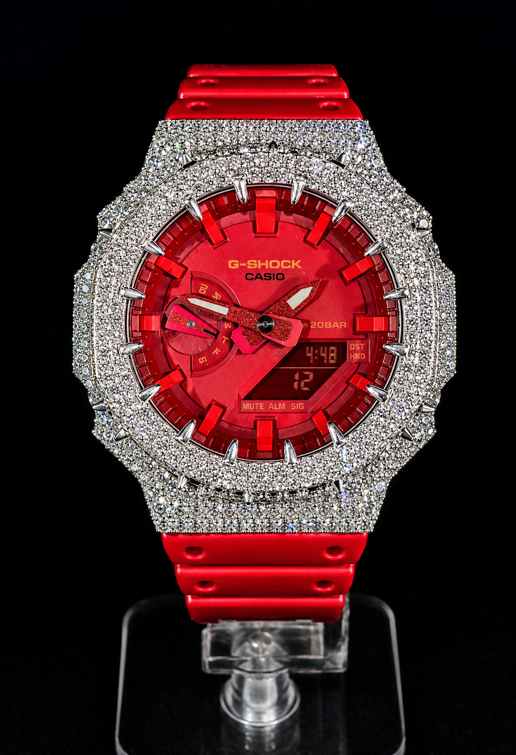 Fully Iced Out / Diamond Pavé Case / Red Dial / Red Rubber Strap / Ana-Digi / 20BAR