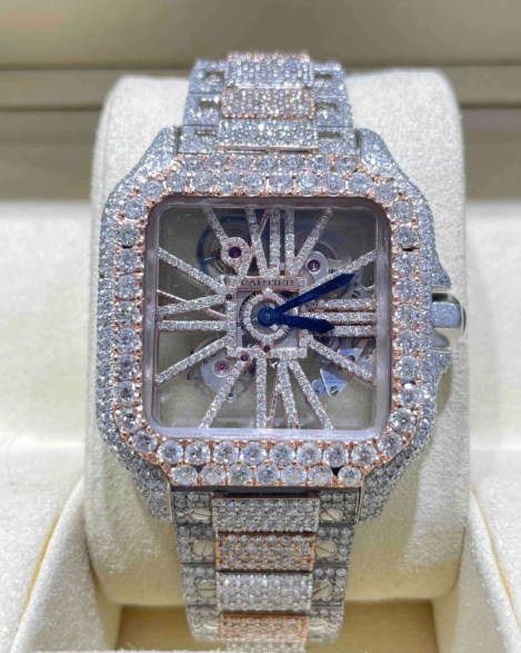 Iced Out Santos Skeleton Watch – Two-Tone Rose Gold & Silver
