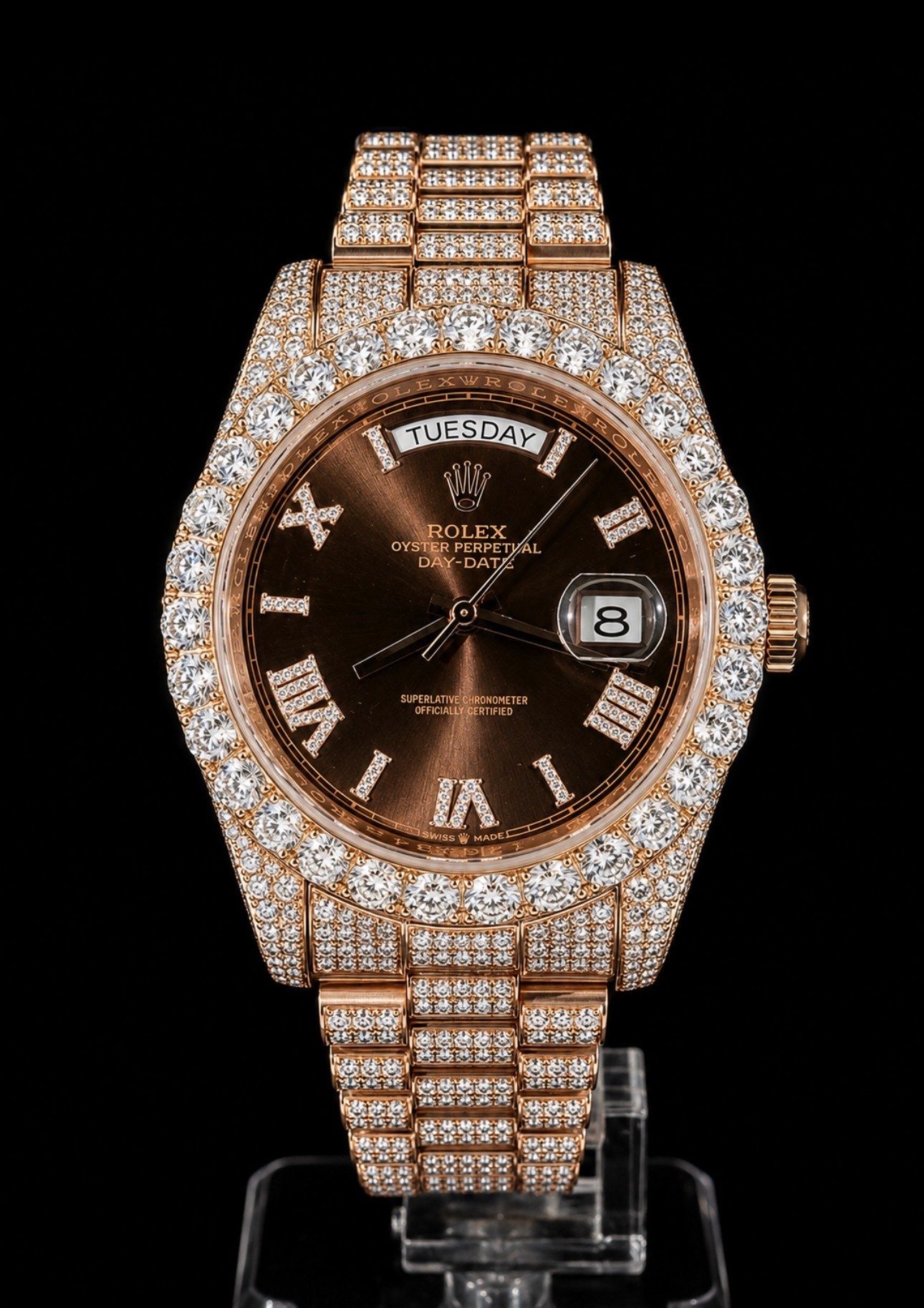 Day-Date — Iced Out / Chocolate Dial / Rose Gold President Bracelet