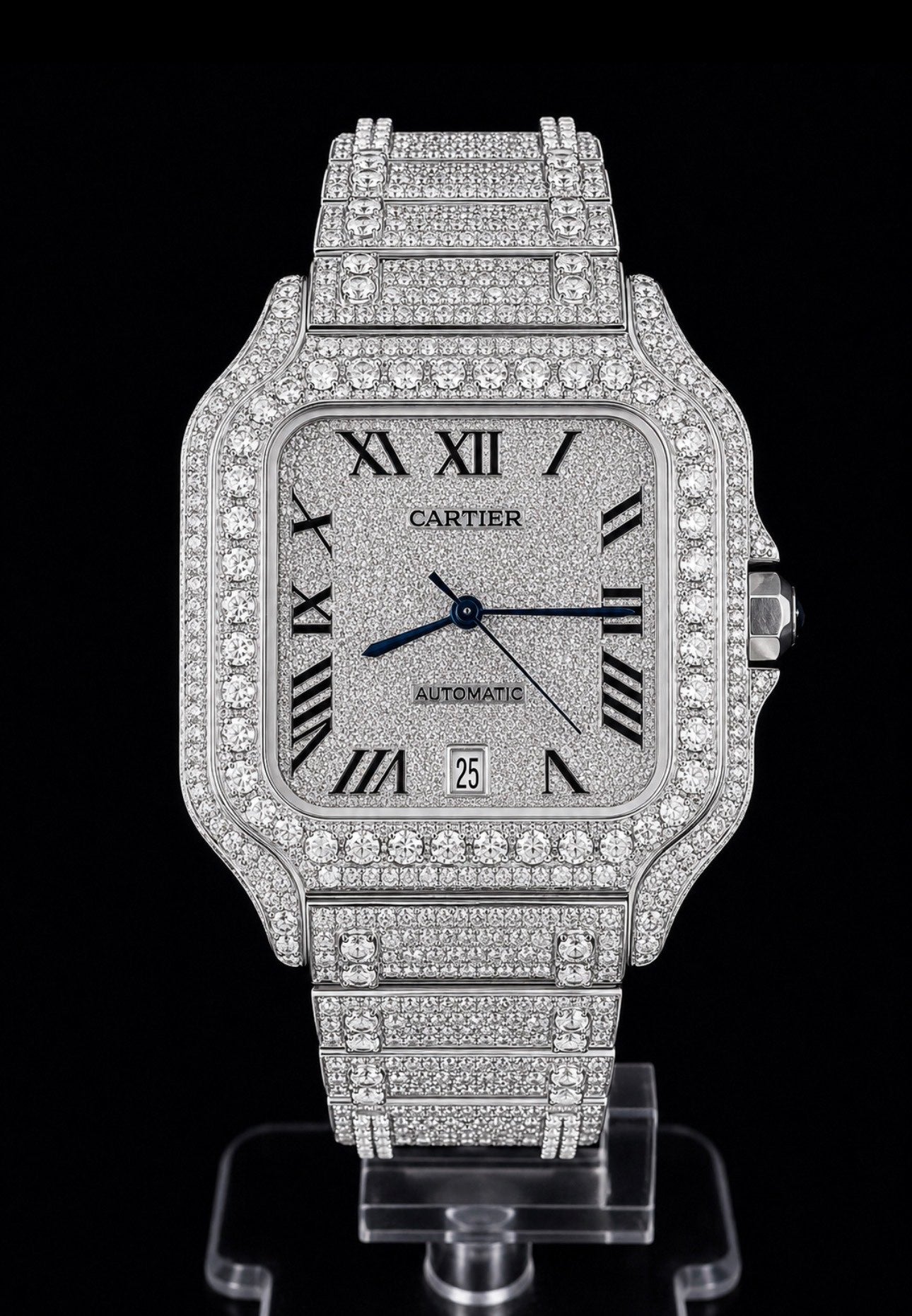 Iced Out Santos Style Automatic Watch – Full Silver Moissanite Diamond Look