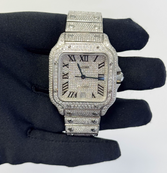 Iced Out Santos Style Automatic Watch – Full Silver Moissanite Diamond Look