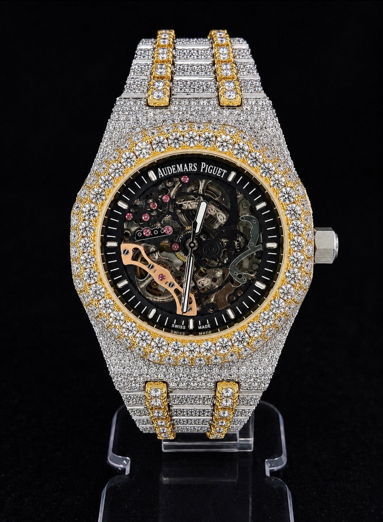 Royal Oak Skeleton — Full Iced Out / Two-Tone Yellow Gold & Steel / Rose Gold Bridge