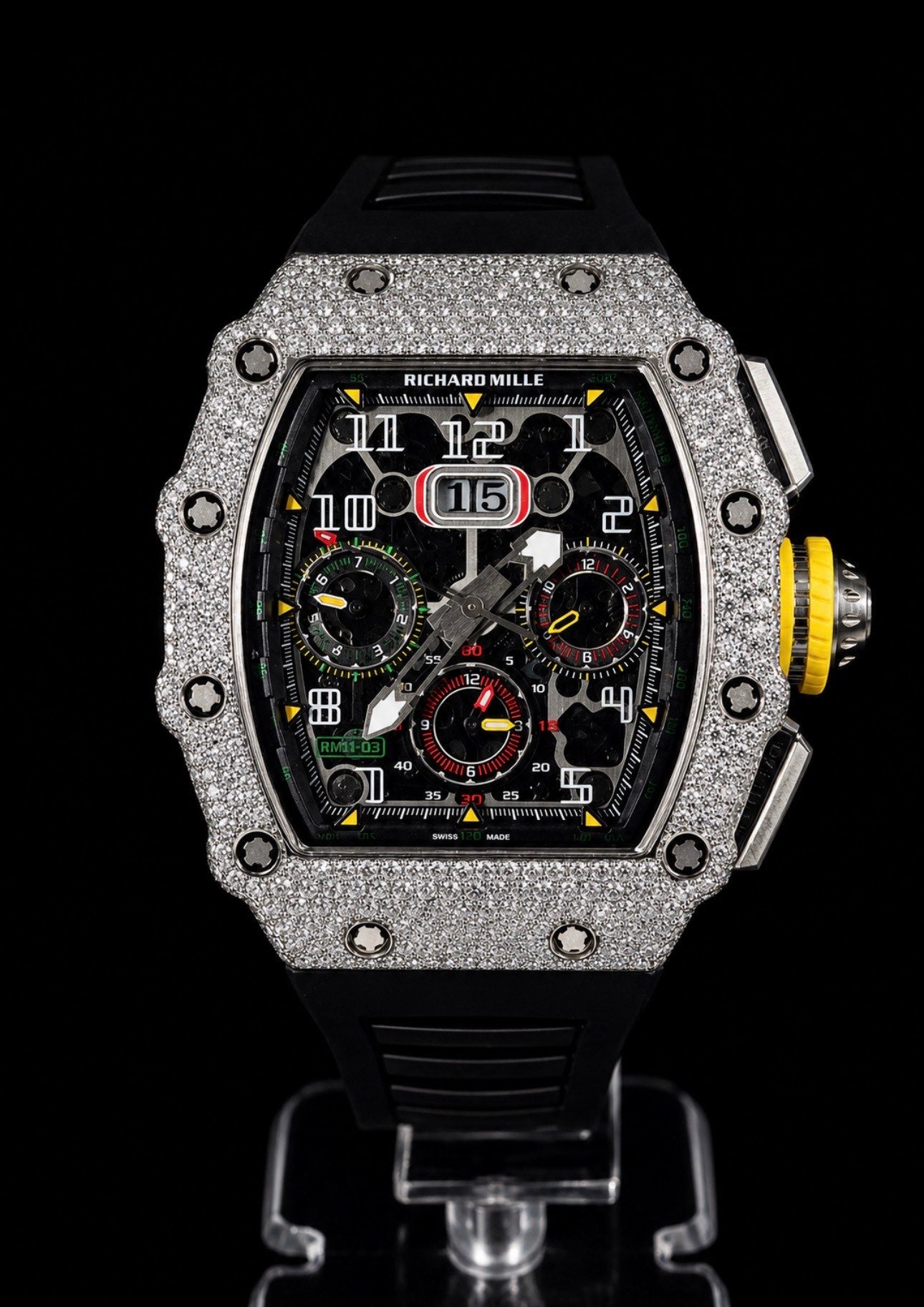 RM11-03 — Iced Out Bezel / Black Rubber Strap