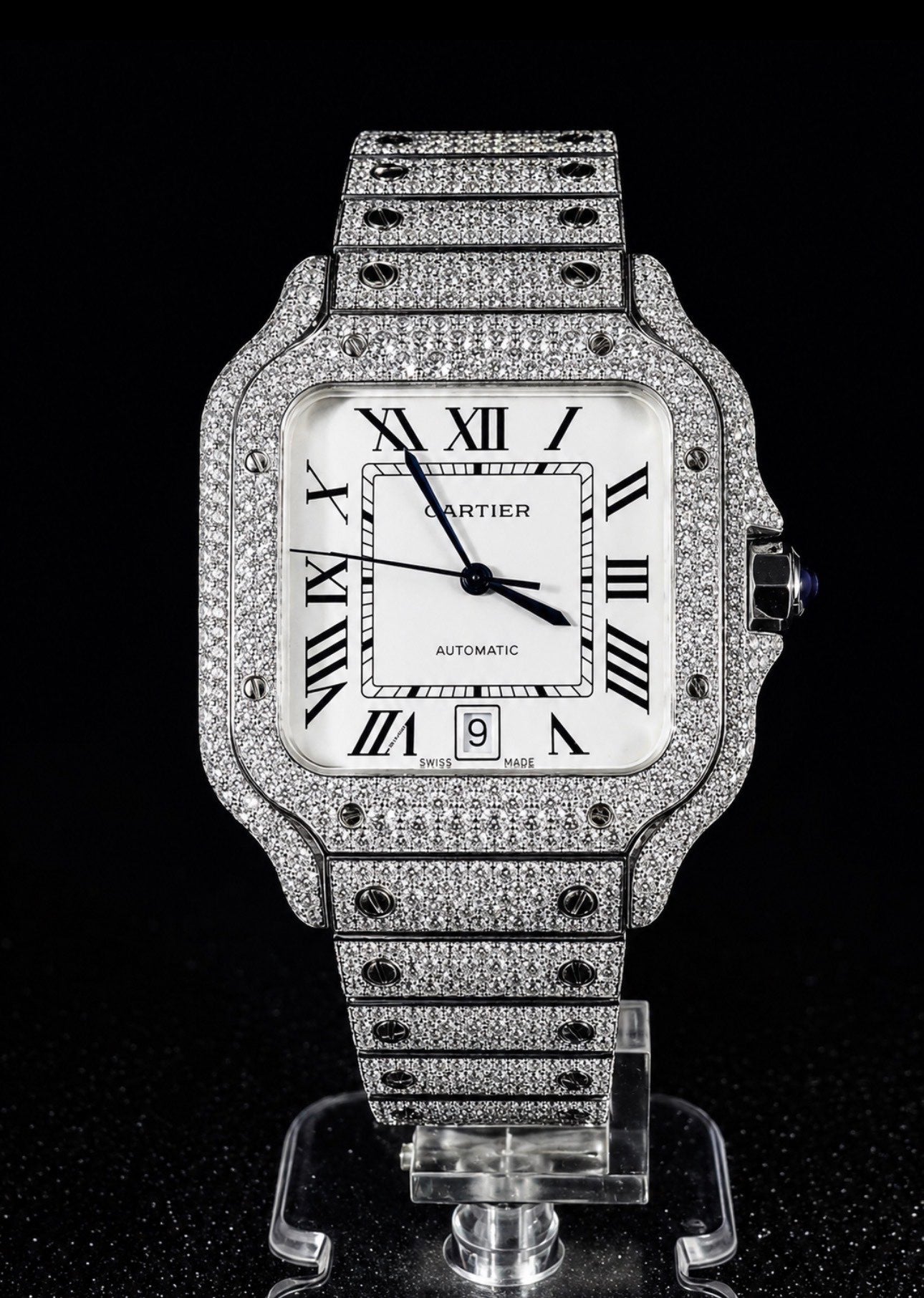 Santos — Iced Out / White Dial / Full Steel